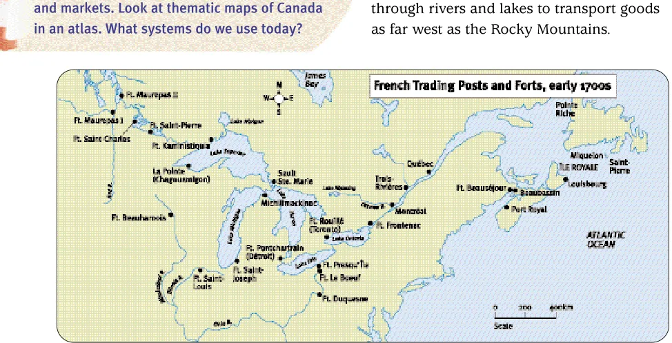 Figure 4.6 French forts in the early 1700s. Compare the pattern of forts on this map with the pattern ona current population map of Canada