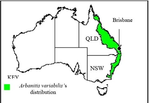 Figure 1.1: The geographical distribution of Arbanitis variabilis (modified from: Main 2005, p 1)