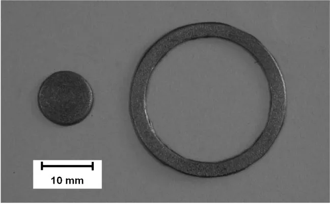 Fig. 3Dimensions of (a) disc and (b) ring samples including positions formicrohardness measurements and locations for TEM discs and tensilespecimens.