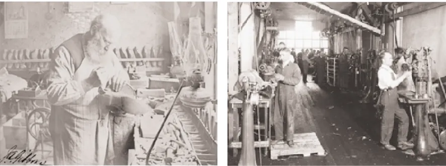 Figure 13.2 Two photos showing the changes brought by industrialization. On the left, a shoemakerworks in his Ontario workshop