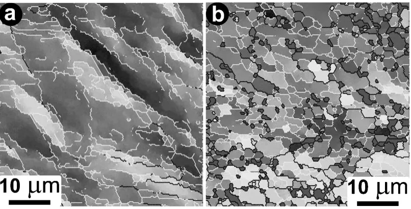 Fig. 3Orientation images after one pass (a) and after four passes (b) of TE at point A (center)
