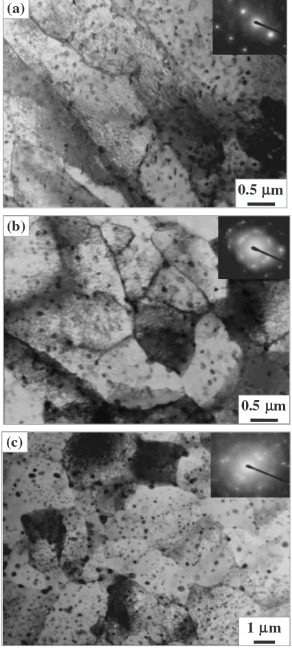 Fig. 9Typical optical micrographs of Al-3%Cu alloy deformed up tostrain 12 at various temperatures: (a) 573 K, (b) 673 K, (c) 748 K