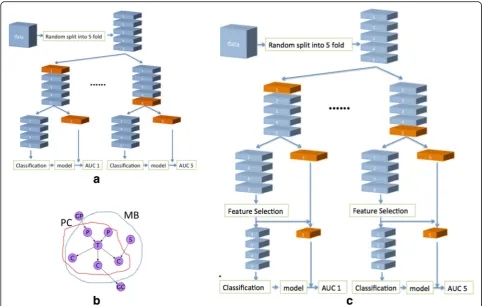 Fig. 1 Flowchart for cross validation. a The 5-fold cross validation process. The widths of the rectangular data boxes represent the dimension offeatures