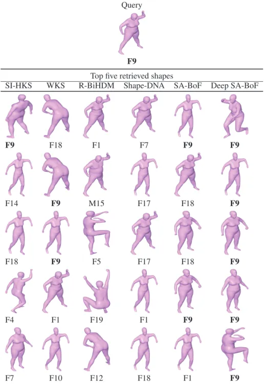 Figure 2.8: Top ﬁve retrieved shapes (ranked top-to-bottom) using SI-HKS, WKS, R-BiHDM, Shape-DNA, SA-BoF, and deep SA-BoF