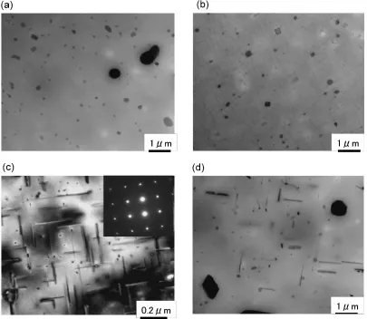 Fig. 4SEM micrographs of (a) the solution treated specimen, (b) peak aged specimen and (d) overaged specimen.
