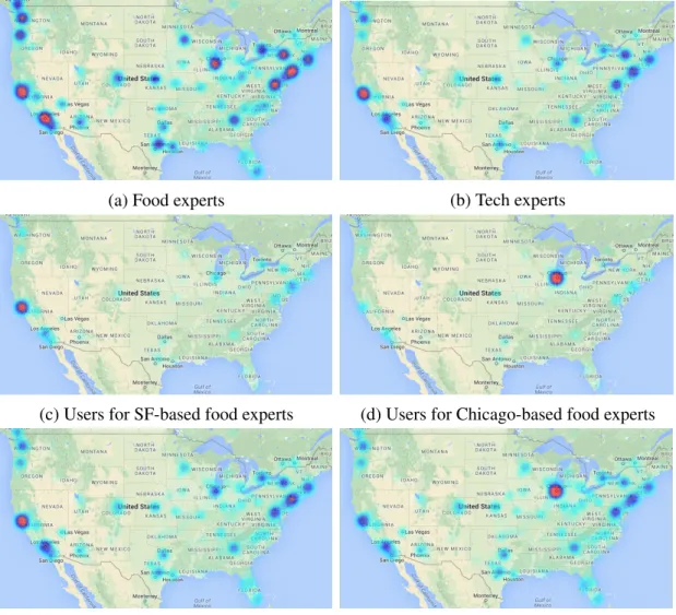 Figure 3.1: Spatial distribution of experts (a, b) and for the users who have listed experts (c, d, e, f) based on geo-tagged Twitter lists.