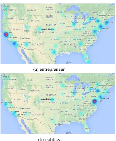 Figure 4.1: Geo-spatial distribution of users who are known for “entrepreneur” and “poli- “poli-tics”.