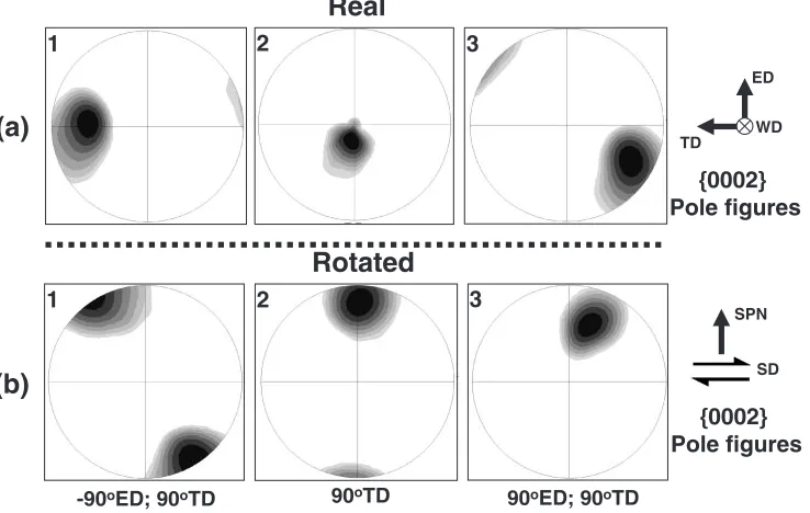 Fig. 6Orientation data derived from the EBSD maps shown in Fig. 4 and arranged as {0002} pole ﬁgures
