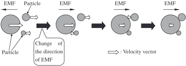 Fig. 10Mechanism of coagulation of particles under electromagnetic vibration.27)