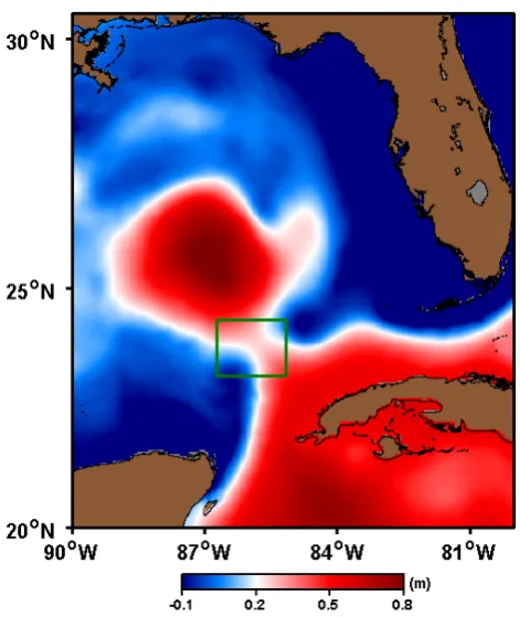 Fig. 1. Sea surface height anomaly (SSHa) of the Loop Current inthe Gulf of Mexico during a ring formation event on 10 June 2010.The saddle region in the small box is the focus of this study.