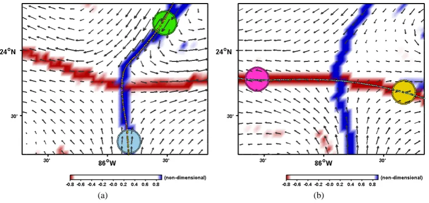 Fig. 3. Ridges in the scaled FTLE ﬁeld at depth 50 m for (a) 5 June 2010 and (b) 10 June 2010