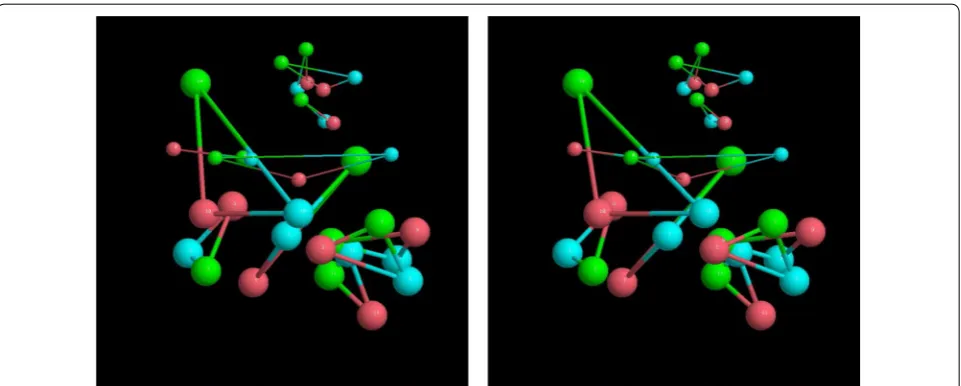 Fig. 1 Sequence space visualisation. The distances between five unlabelled sequences (small balls) from three proteins (red, green, blue) are embedded in a sequence-space along with six ‘outgroups’ (larger balls)