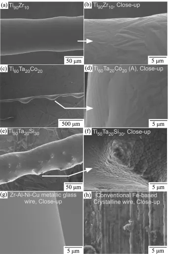 Fig. 4SEM images of melt-extracted binary Ti-Zr alloy wire, Ti60Ta20Co20 alloy wire (a typical example of droplet former-type);Ti50Ta20Si30 alloy wire (a typical example of sharp-pointed region former-type); Zr-Al-Ni-Cu metallic glass wire and conventional Fe-based crystalline wire prepared by wire-drawing process; (a) Ti90Zr10, (b) a close-up image of Ti90Zr10, (c) Ti60Ta20Co20, (d) a close-upimage of Ti60Ta20Co20, (e) Ti50Ta20Si30, (f) a close-up image of Ti50Ta20Si30, (g) Zr65Al7:5Ni10Cu17:5, and (h) a conventional Fe-basedcrystalline wire.