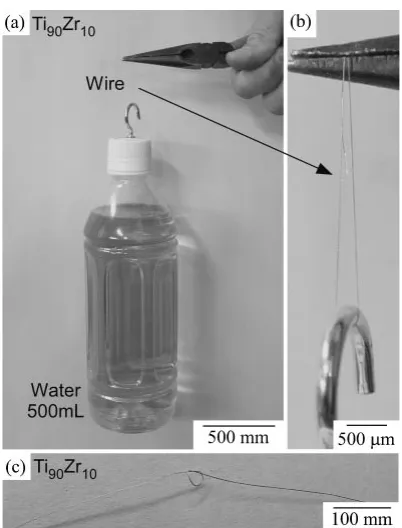 Fig. 8High strength and ductility of the melt-extracted Ti90Zr10 wires.(a) Wire used for lifting a heavy load, (b) close-up image of the wire liftinga heavy load, and (c) a knot of melt-extracted Ti90Zr10 wires.