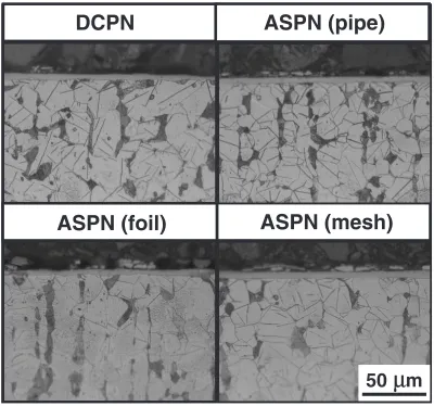 Fig. 7Microstructures of the cross-section of the samples treated for 18 ks at 773 K by the ASPN and DCPN processes.