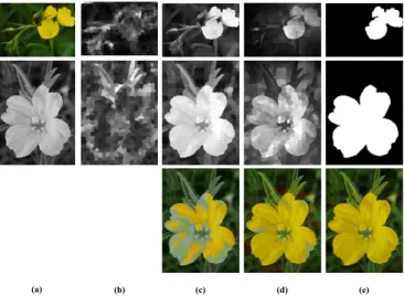 Fig. 4. Demonstration of different features and their contribution to colorization. (a) reference and target images, (b-e): from left to right, different features with the first two rows visualizing the features for reference and target images, and the las