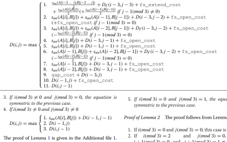 Figure 3ered in Lemma  illustrates the configurations of alignment consid-1 for computing D(i, j) for cases 1 and 2.