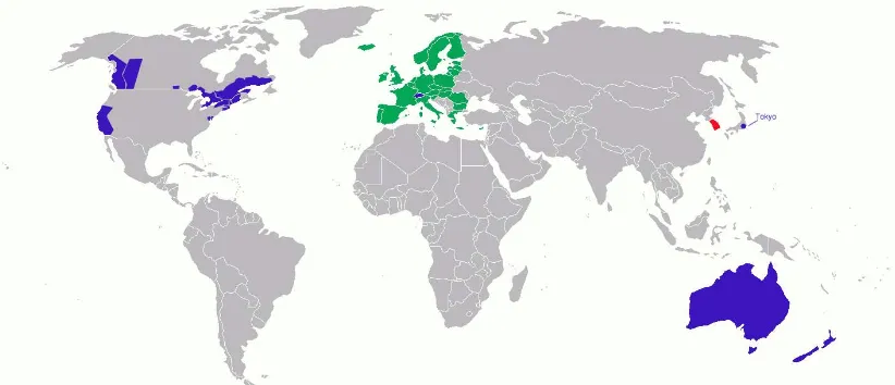 Figure 2. Evaluated emissions trading schemes; Note: EU ETS is displayed in green color, operating ETS are displayed in blue color and planned ETS are displayed in red color; Source: Own compilation