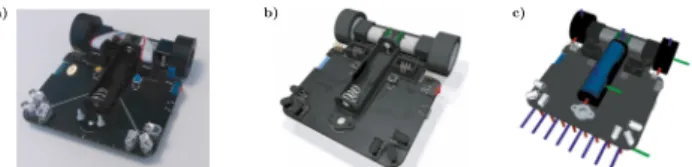 Fig. 2: a) Real robot. b) CAD model in EDA software. c) CAD model in RViZ, showing robot’s frames.