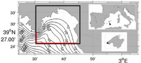 Fig. 1. Bathymetry contours (in meters) of the model domain. Theblack box indicates the Bay of Palma and the inset graphics give thegeographical location of Mallorca Island in the western Mediter-ranean Sea.