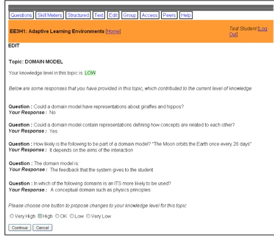 Figure 5.4: Interface showing current level of knowledge and some evidences 