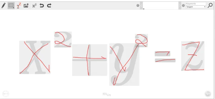 Figure 2.1: Example of the min interface [102] in edit mode. The user draws an expression and thesystem recognizes the math symbols, parses them, and converts the whole expression to LATEX.