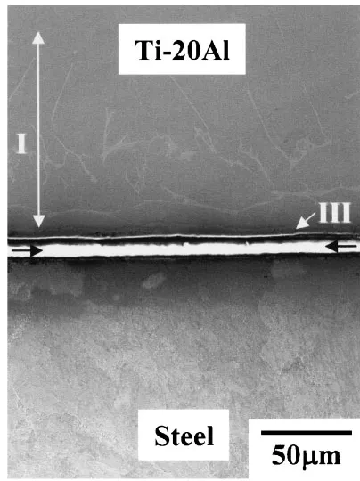 Fig. 7SEM micrograph of the interface in Ti-20Al alloy/high carbon steeljoint bonded at 1423 K for 3.6 ks
