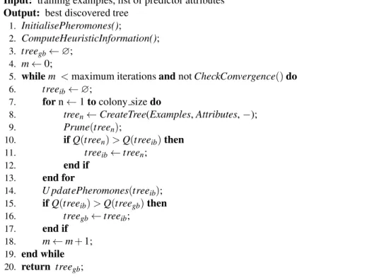 Figure 3: High-level pseudocode of the Ant-Tree-Miner algorithm.