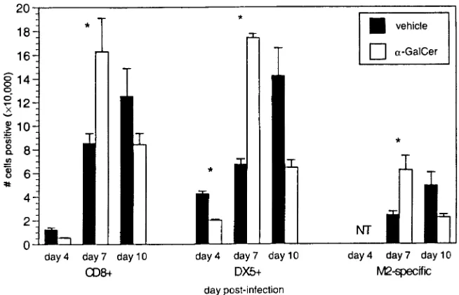FIG. 4. �(C) during RSV infection of BALB/c mice. Data are represented as the meansinfection.-GalCer treatment of CD1d�/� mice during primary RSV infection