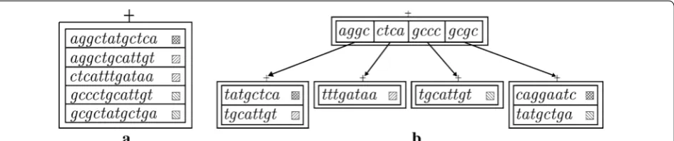 Fig. 1 Insertion of six suffixes (that are here complete acontainer exceeds its capacity and is burst, resulting in the BFT structure shown in k-mers) with different colors (boxes with diagonal lines) into a BFT with k = 12, l = 4 and c = 5