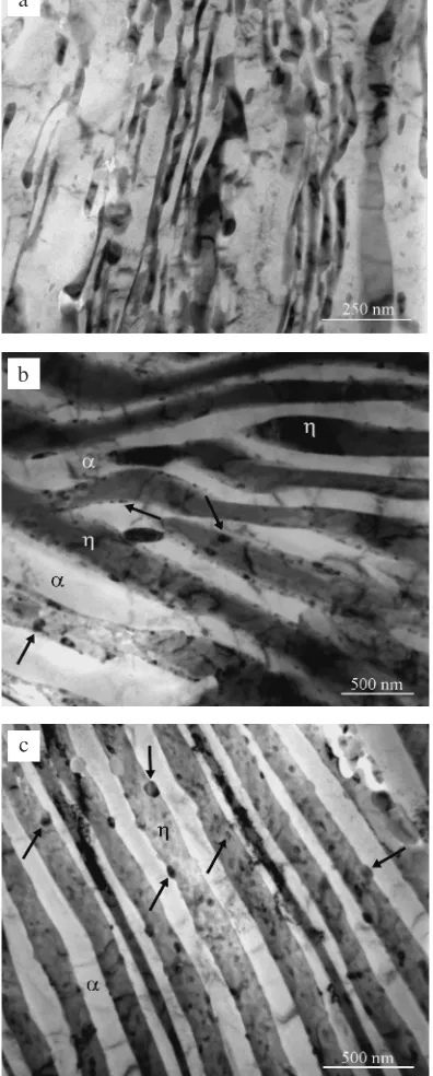 Fig. 3TEM bright ﬁeld images of the neck zones of the 15A/10s- (a),20A/10s- (b) and 30A/30s- (c) EPT specimens, showing the " phaseprecipitates increased with increasing current intensity from 15A to 30A.