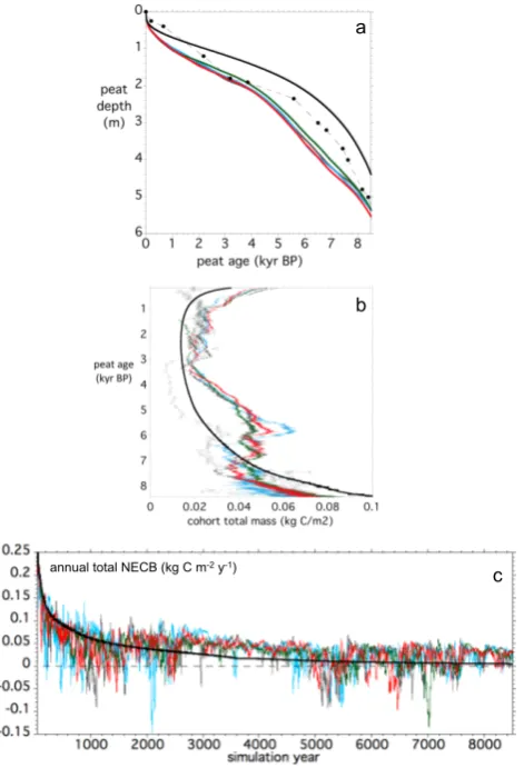 Fig. 5. (a) Simulated age-depth proﬁle of ﬁnal core (solid lines,colors correspond to those of Fig