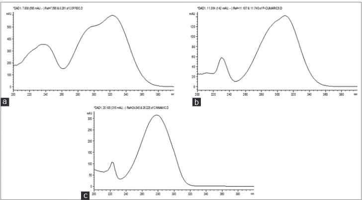 Figure 1: Ultraviolet spectra of standard samples of some hydroxycinnamic acids, (a) caffeic acid, (b) trans-para-coumaric acid, (c) cinnamic acid