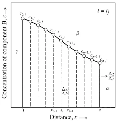 Fig. 2Concentration proﬁle of component B in the � phase of the semi-inﬁnite diﬀusion couple along the diﬀusional direction.