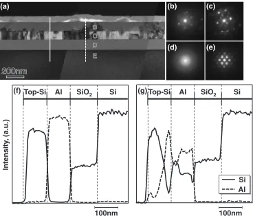 Fig. 5(a) BF-TEM image, (b) to (e) micro diﬀraction patterns and (f) and (g) EDS line analysis proﬁle of in-situ heated (at 473 K for0.3 ks) a-Si/Al ﬁlm.
