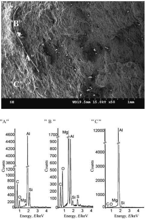 Fig. 9Scanning electron micrograph showing the fracture surface of atensile bar produced using GrO, associated with EDAX analyses at ‘‘A’’,‘‘B’’, and ‘‘C’’.