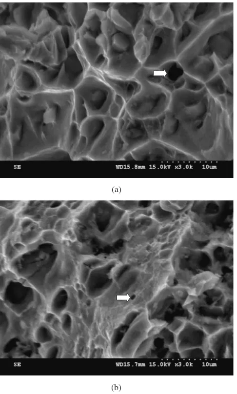 Fig. 10SEM micrograph showing the fracture surfaces of tensile bars (a)produced using from GrO lubricant (the arrow indicates a possibleexistence of a micropore about 3 mm in size), and (b) produced using fromBNW lubricant (the arrow indicates the existence of a micropore about1 mm in size).