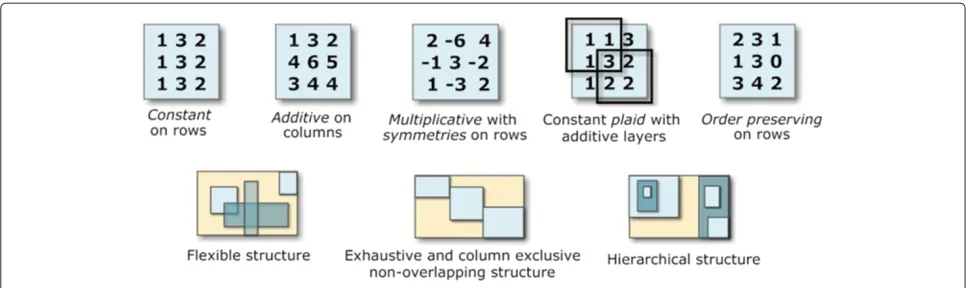 Figure 1 Illustrative bicluster types and biclustering structures.