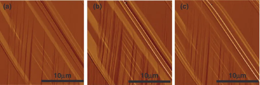 Fig. 1Atomic force micrographs of Fe-30Mn-6Si alloy: The images were taken after (a) tensile deformation at 1%; (b) furtherdeformation at 3%; and (c) subsequent heating to 300�C.
