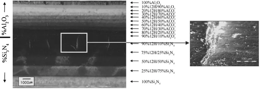 Fig. 2Cross section of 15-layer Si3N4-Al2O3 FGM using optical micrograph. Right picture shows magniﬁed view of cracks athigher magniﬁcation.