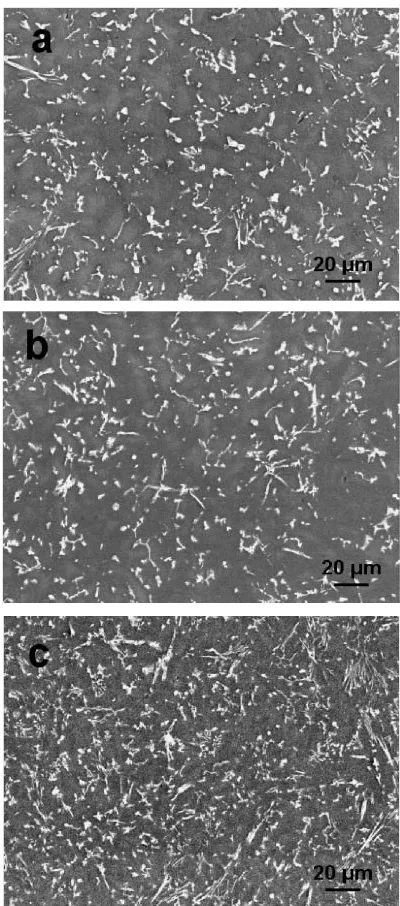 Fig. 3SEM micrograph: (a) TAS-1Sr, (b) TAS-3Sr, and (c) TAS-5Sralloys.