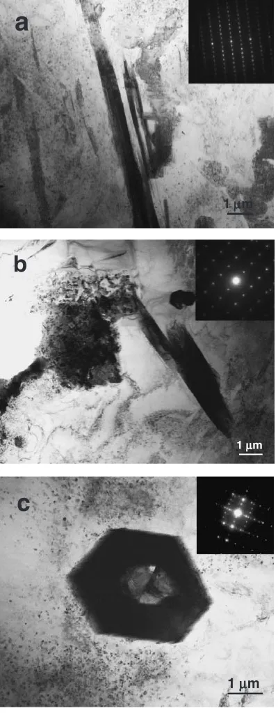 Fig. 4TEM bright ﬁeld images and SAD patterns obtained from thesecond phase particles: (a) SiSr2, (b) MgSi2Sr and (c) Sr5Sn3 phases.