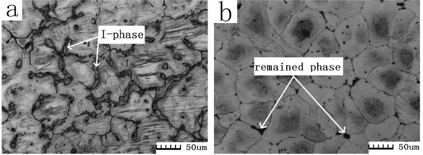 Fig. 1Optical micrographs of the Mg-6.0Zn-0.6Y-0.5Zr alloy before and after solution treatment: (a) as-cast alloy, (b) as-solutionizedalloy.