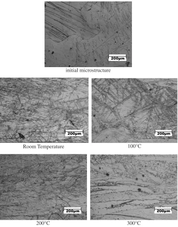 Fig. 2Optical micrographs of (a) initial sample and (b–e) ECAP processed Mg samples. The processing temperatures are (b) roomtemperature, (c) 100�C, (d) 200�C and (e) 300�C.