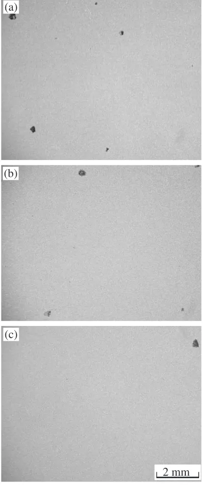 Fig. 2After immersion test for 7.2 ks in a 0.02N HCl solution on thespecimens ﬂuoride-treated at 693 K for 10.8 ks with the depositedmagnesium layer prepared at evaporation temperatures of 873, 923 and973 K for 1.8 ks, (a), (b) and (d), respectively.