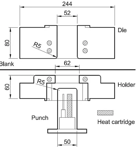 Fig. 7Schematic diagram of 2D draw bending test apparatus for spring-back measurements.