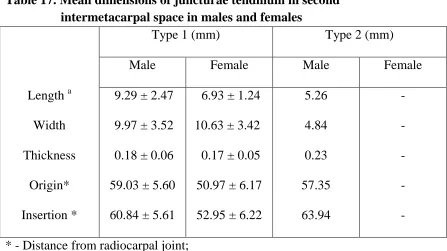 Table 17. Mean dimensions of juncturae tendinum in second   