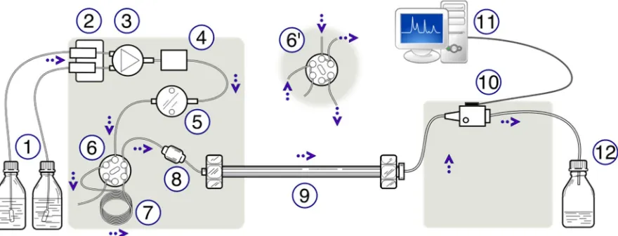 Figure 6: Schematic representation of the HPLC apparatus: "HPLC apparatus" by WYassineMrabetTalk✉ This vector image was created with Inkscape