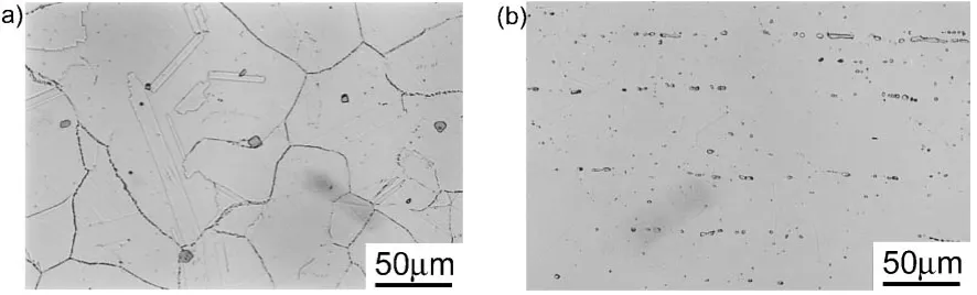 Fig. 2Optical micrographs of two base metals: (a) Alloy 690, (b) SUS 304L.