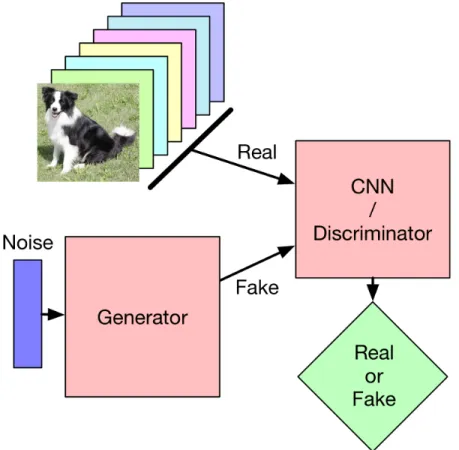 Figure 2.1: The structure of a basic GAN. Real and fake images are fed to a discriminator network, which tries to determine whether the images are real or fake